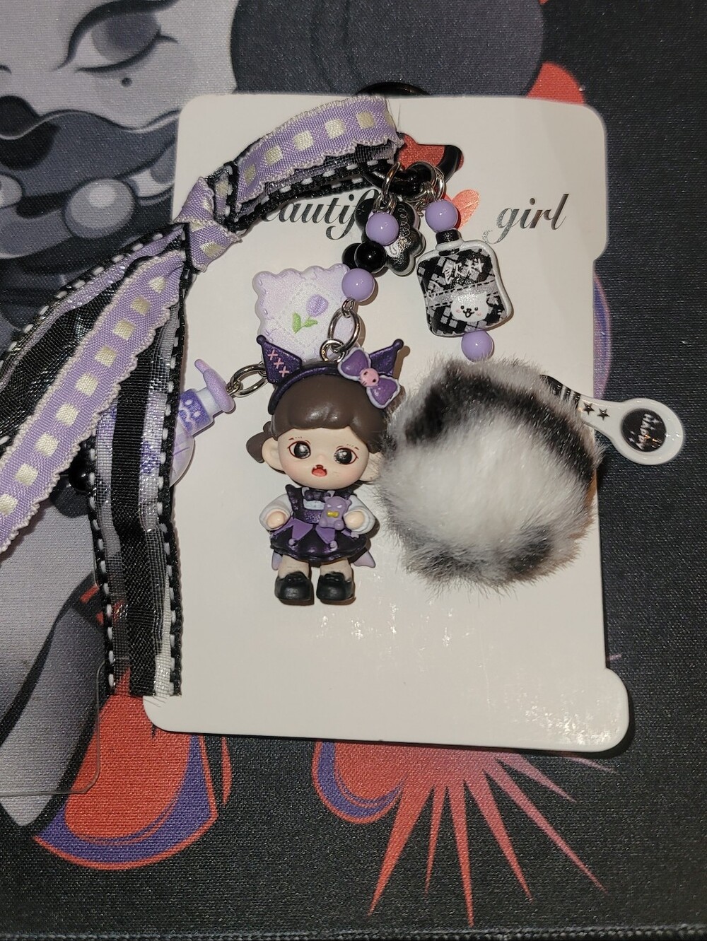 NWT- Custom Kuromi Zora themed Keychain/Bag Charm- Purple & Black